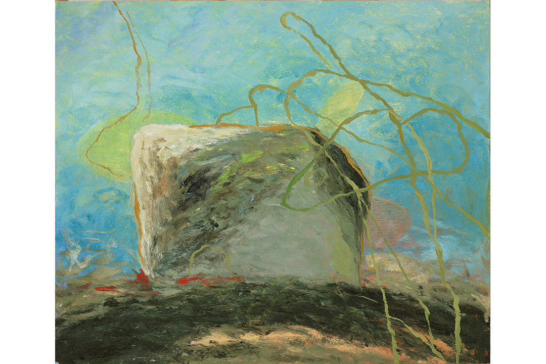 Boulder shape in center with blue sky and lines around it