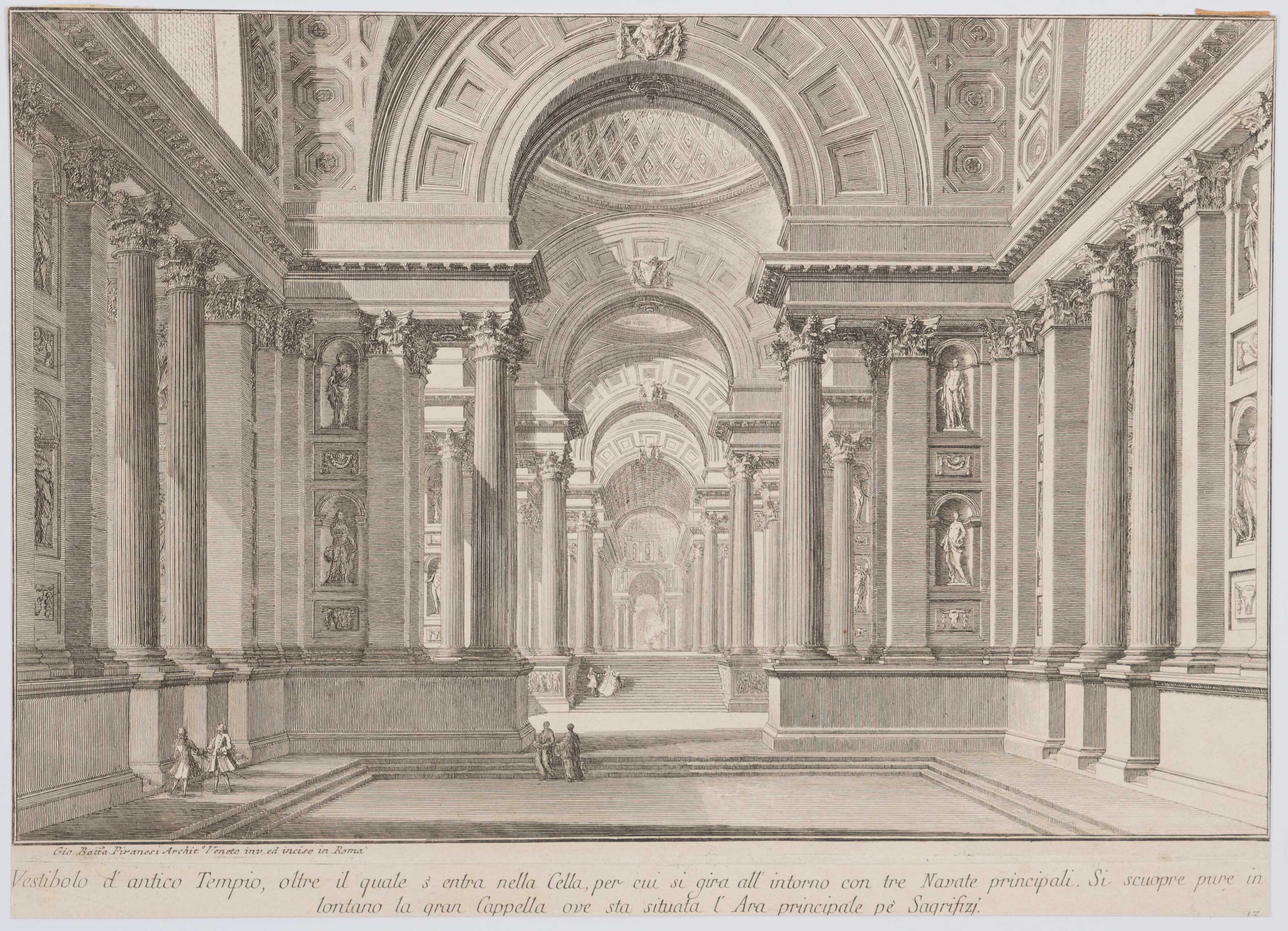 An engraving depicting a spacious room adorned with grand columns and pillars, showcasing architectural elegance.