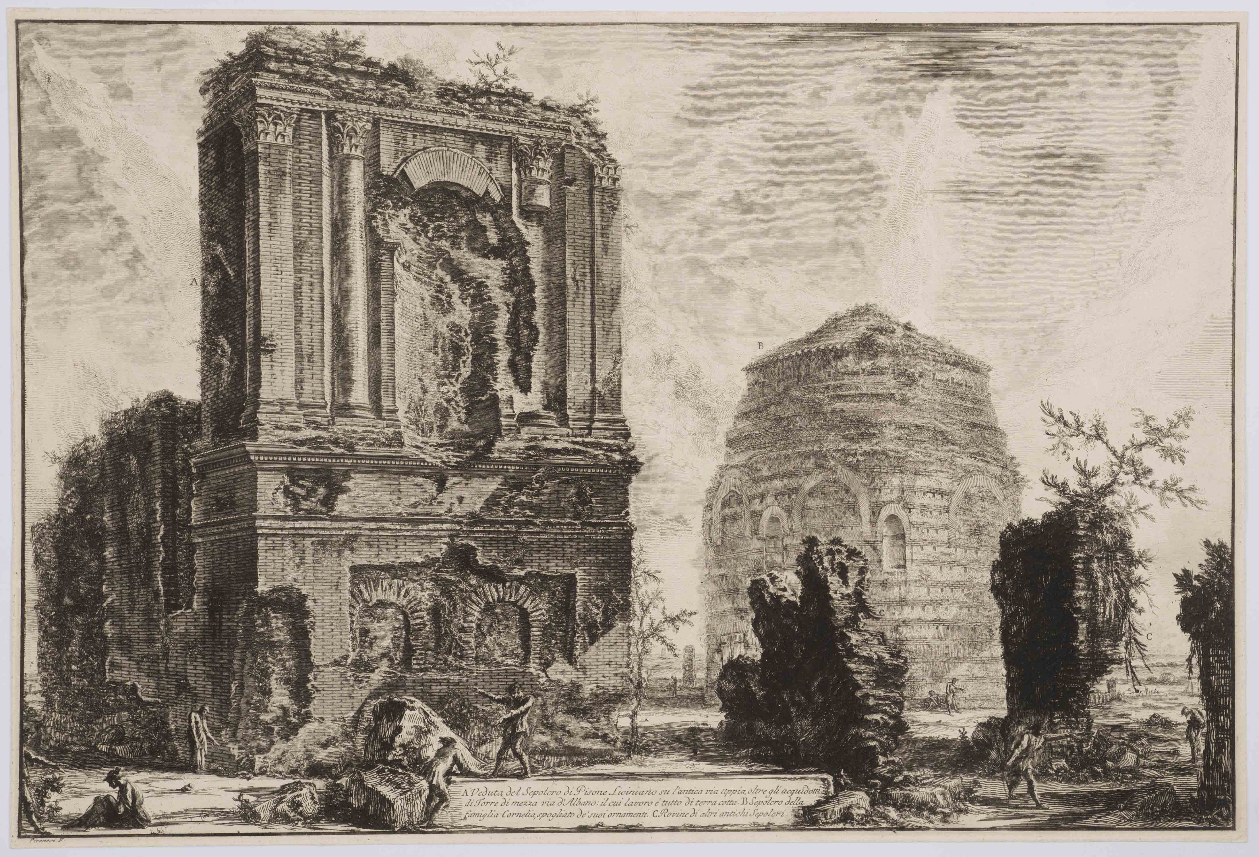 A detailed drawing depicting ancient ruins alongside a partially intact building.