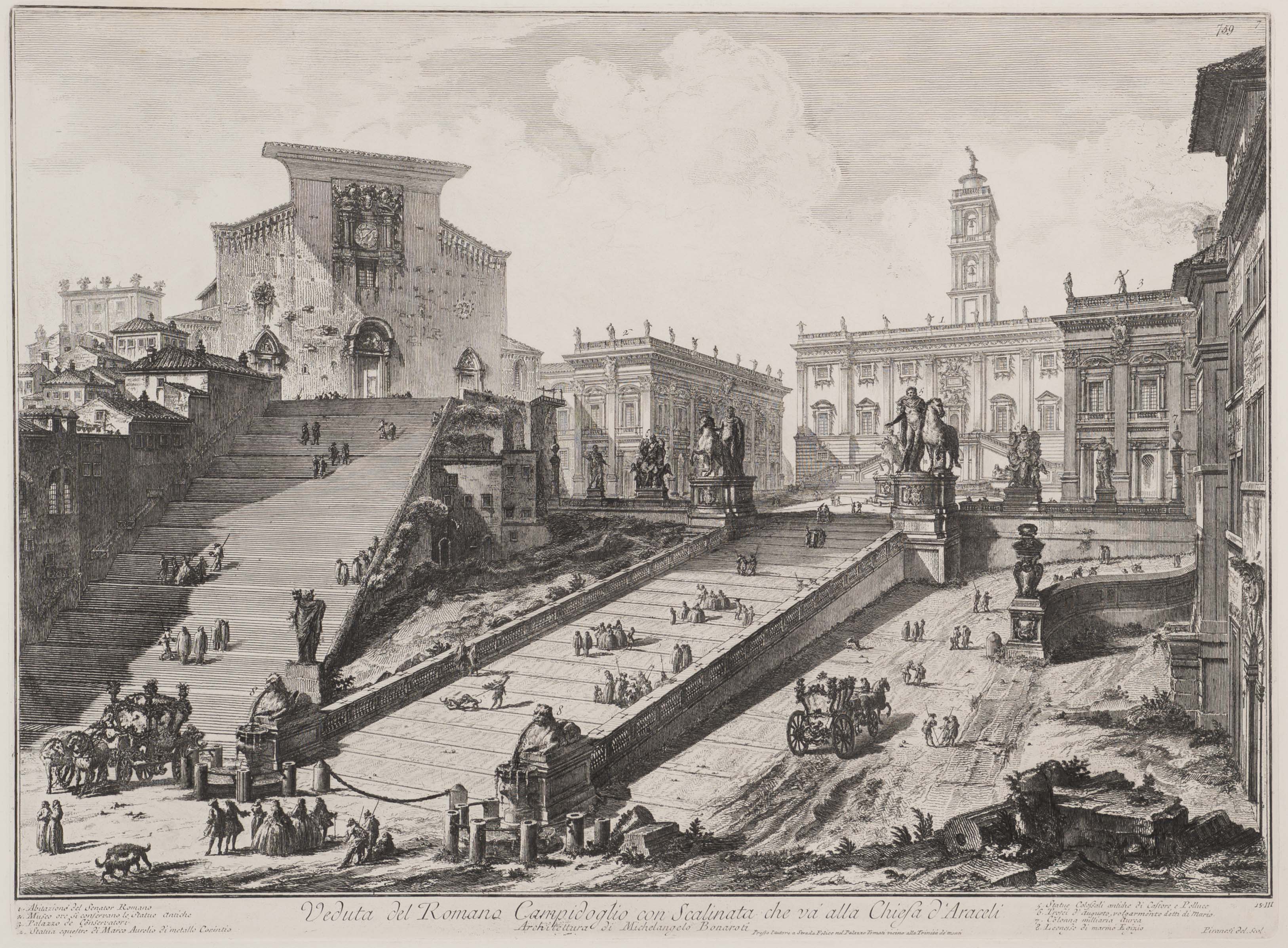 Black and white print showing the Capitoline Hill in Rome, Italy.