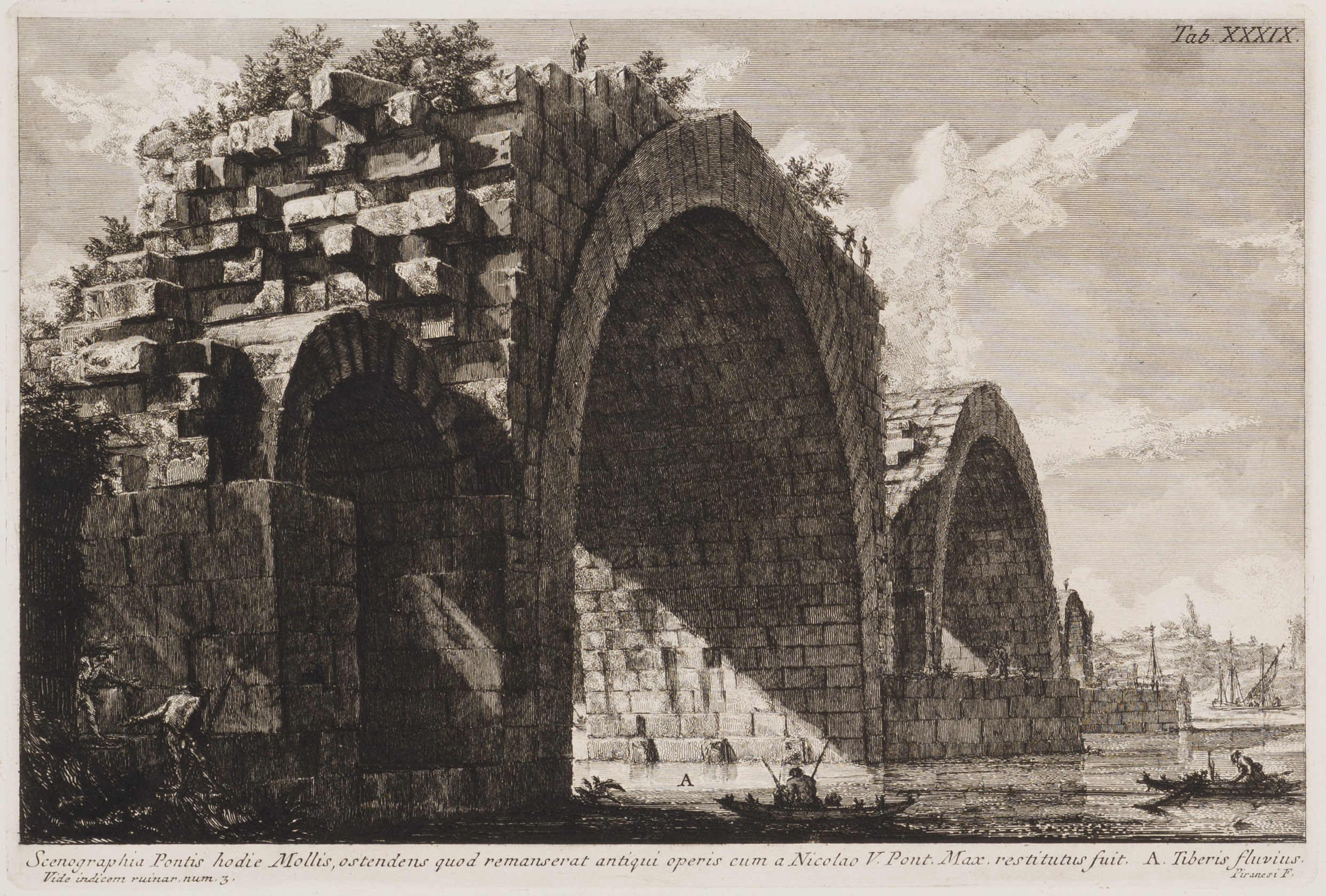 An engraving depicting a bridge featuring elegant arches and sturdy pillars, showcasing architectural beauty and craftsmanship.