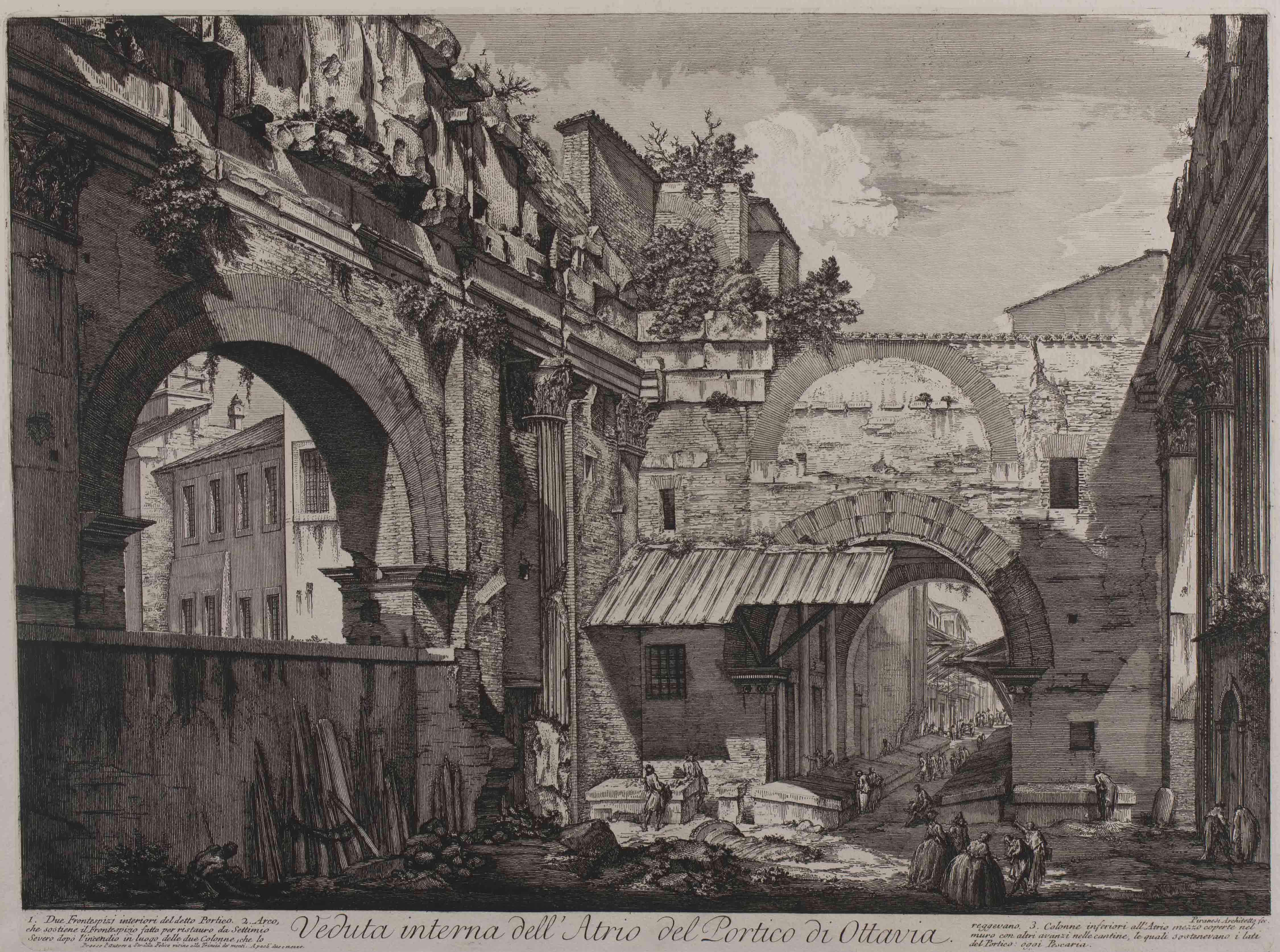 A detailed engraving of a city archway, highlighting its architectural features and the surrounding urban landscape.