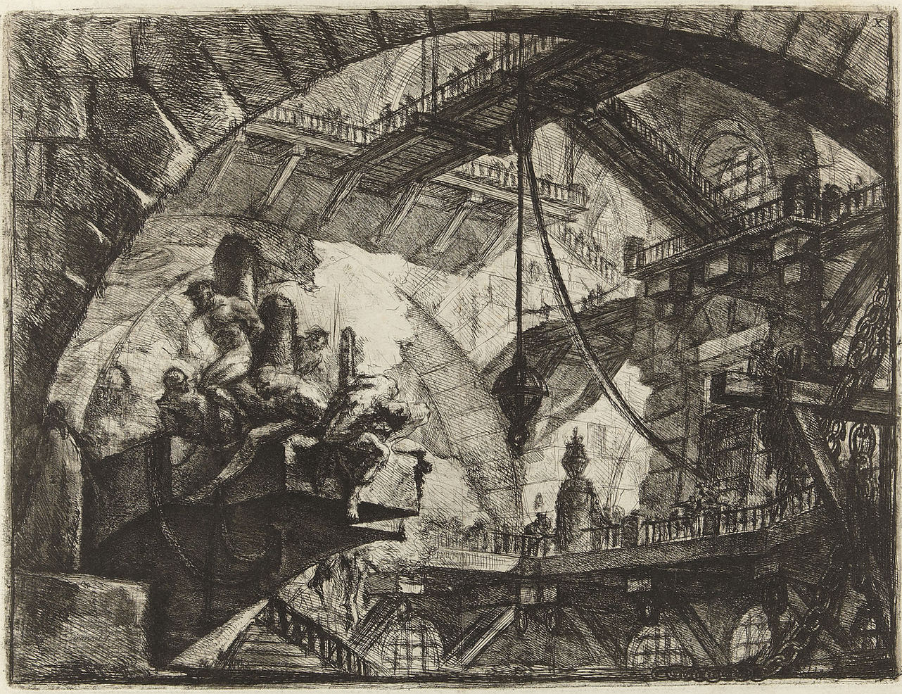 A drawing depicting a building with various individuals visible through its archways, showcasing activity inside.