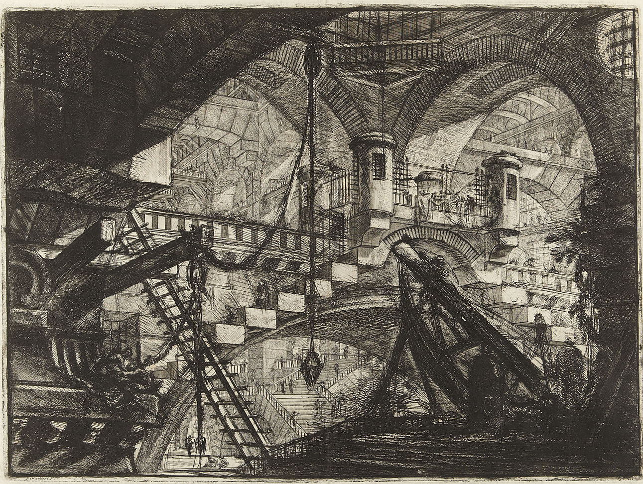 A drawing depicting a building featuring stairs and a ladder, showcasing architectural elements and design.
