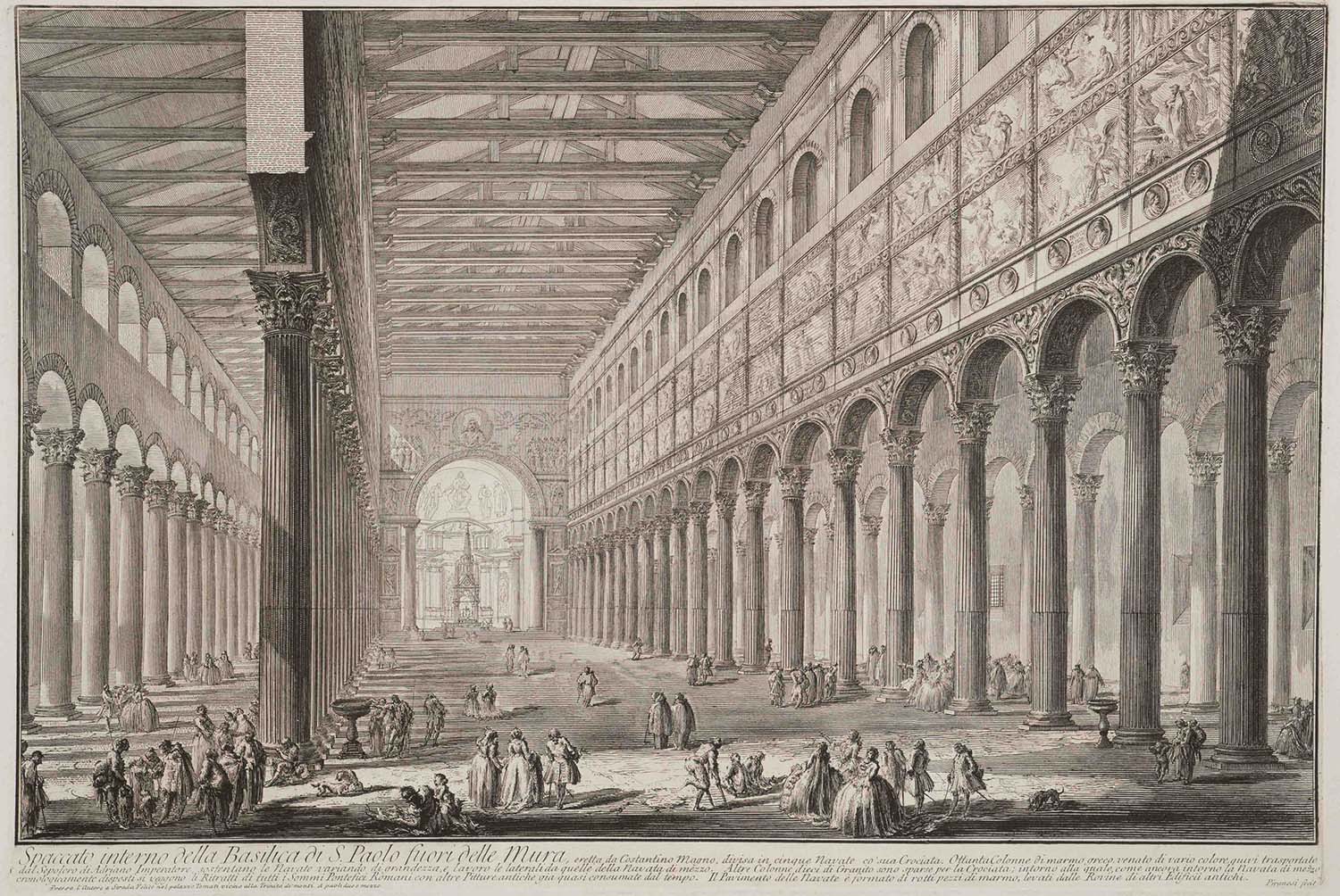 An engraving depicting a spacious room adorned with columns, populated by various individuals engaged in conversation.