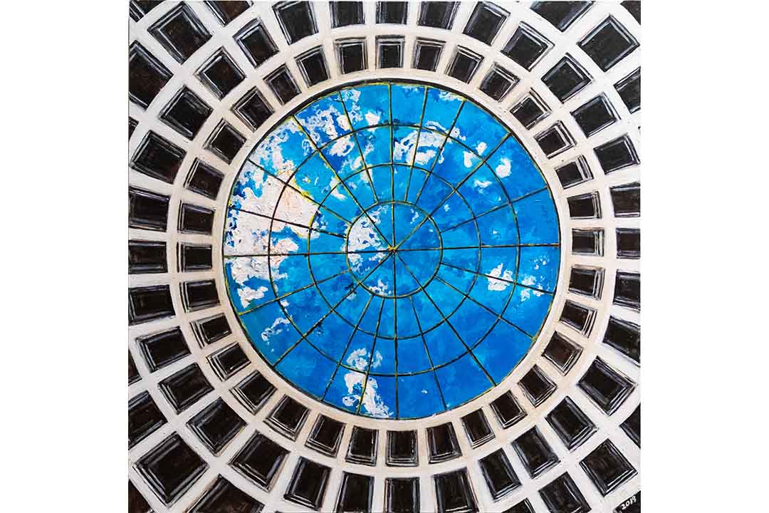 Painting of the sky through a ceiling window that looks like the Corcoran rotunda