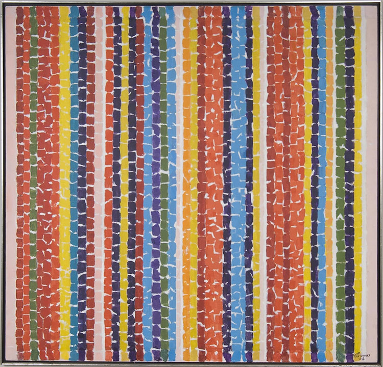Alma Thomas painting Nature's Red Impressions rainbow colors in vertical stripes [link goes to collection database entry]