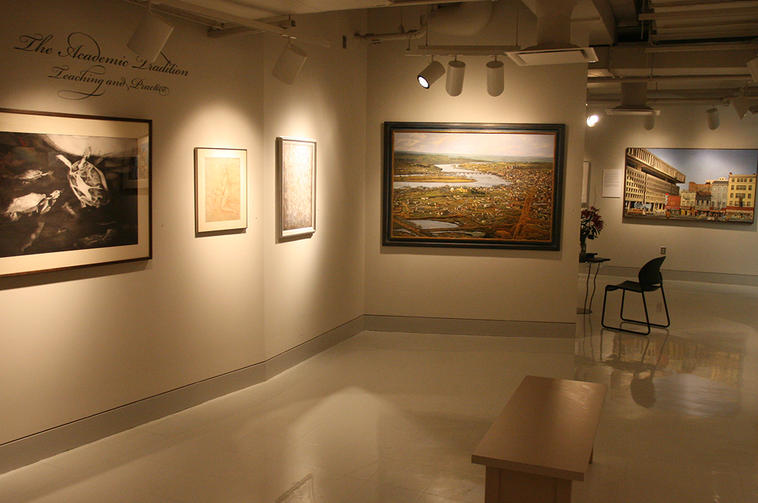 Paintings showing turtles, figures, and landscapes installed in a gallery