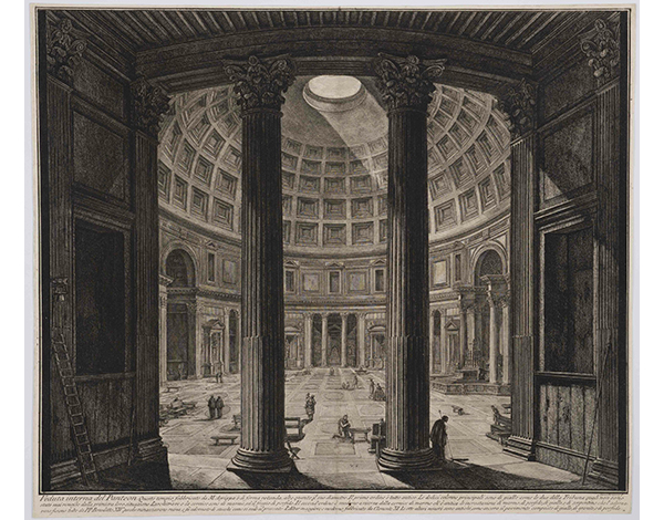 Print showing the interior of the Pantheon through columns with ornate capitals.  The domed ceiling is topped with an oculus and small figures of people show scale. [Link directs to the online collections database record]