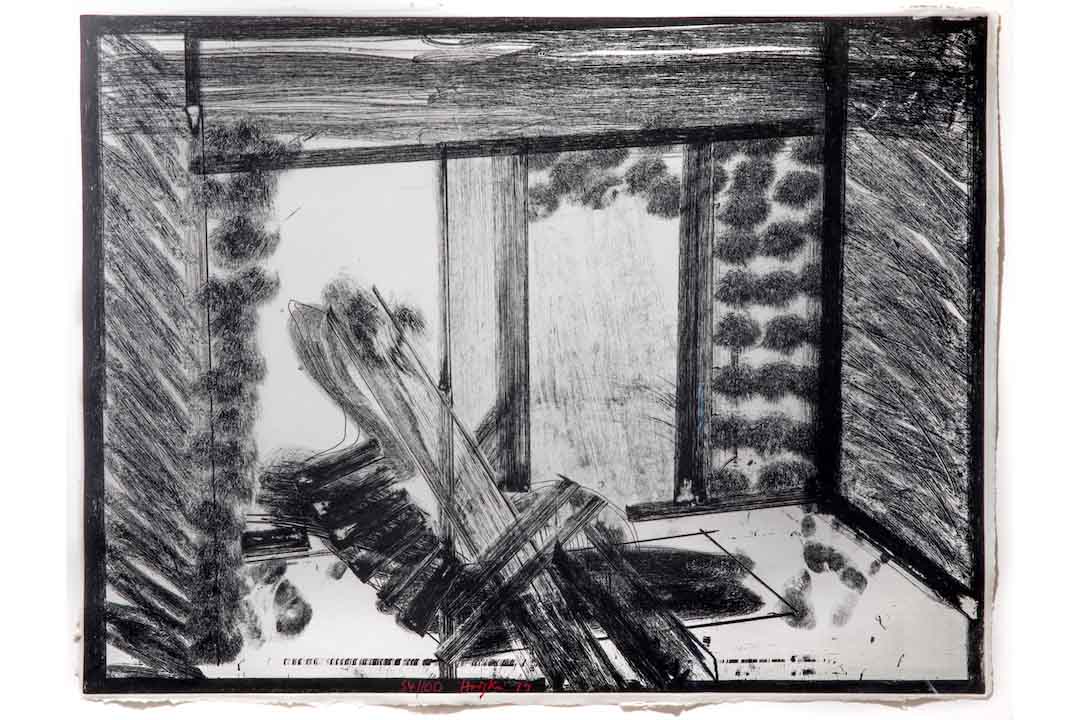 Black and white print by Howard Hodgkin showing a window with a lounge chair in front of it.