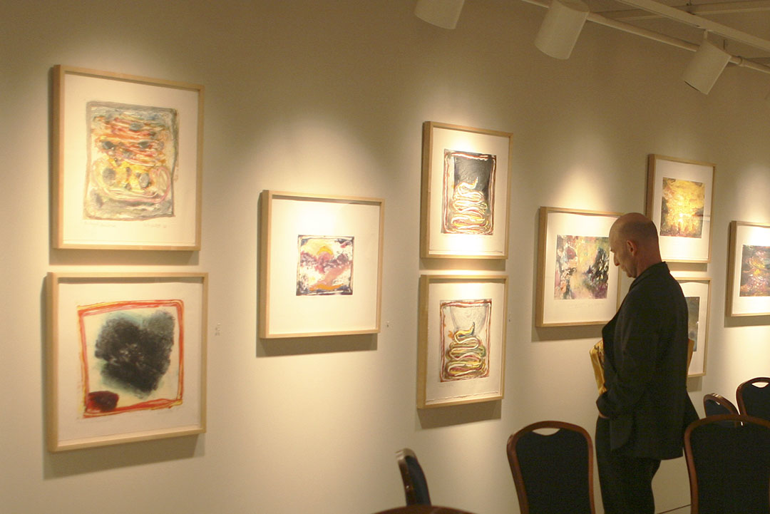 9 prints installed along one wall in groups of one or two.  One figure in shadow looks at works from right side.