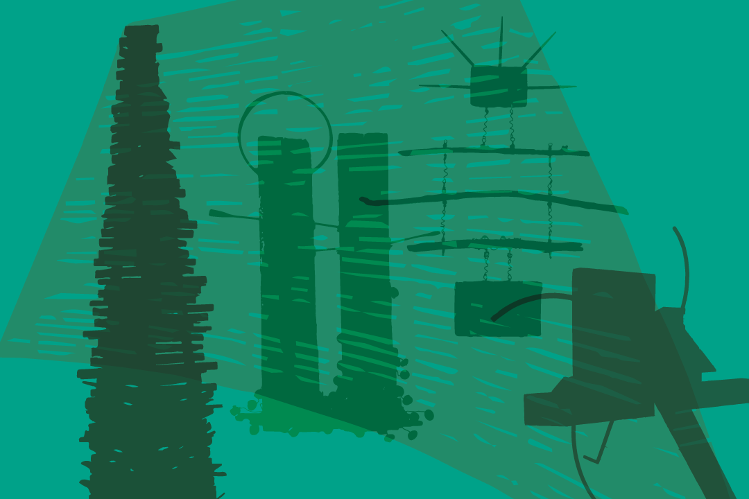 Silhouettes of sculptures overlaid in varying shades of green