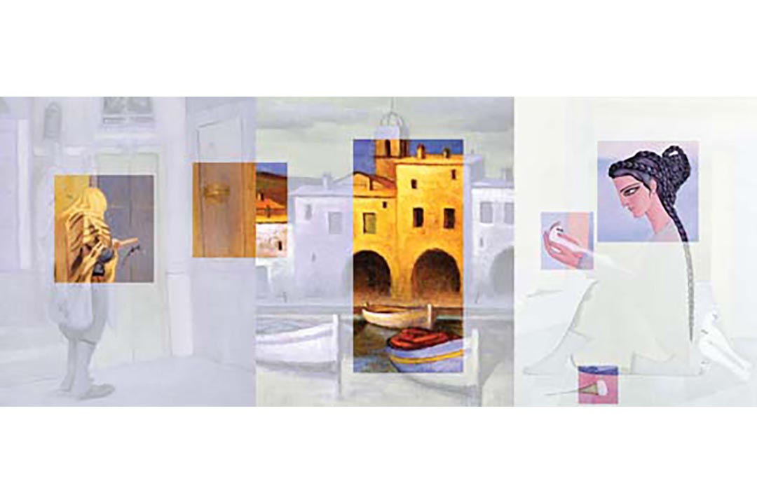 Digital collage of paintings including people, buildings, flower, and bird