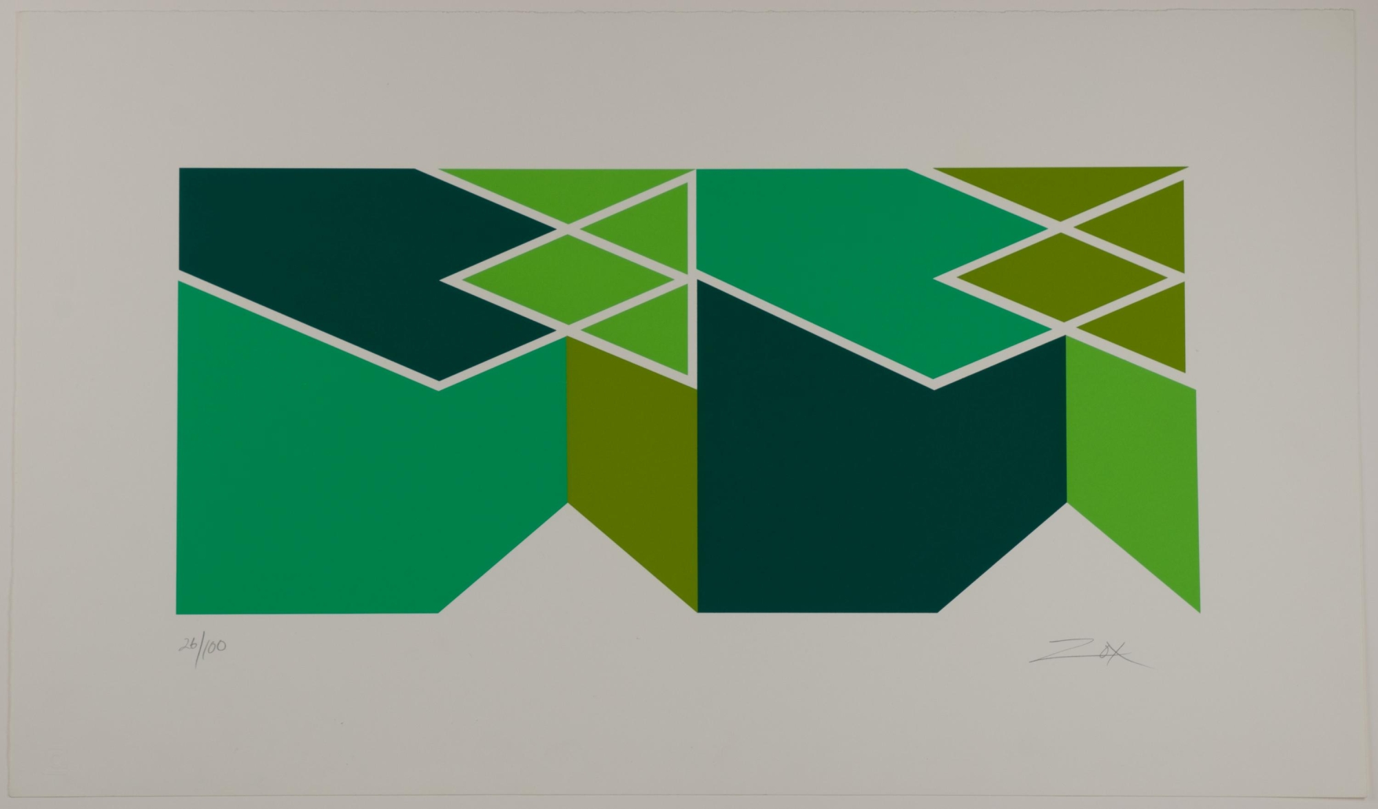 Green geometric shapes in varying shades surrounded by a beige border