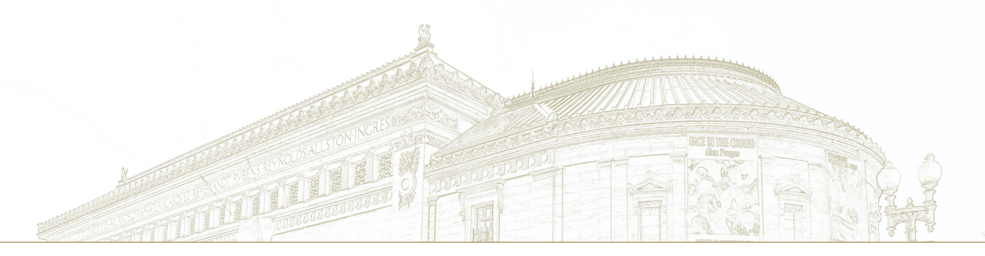 Line drawing of the upper floors of the Corcoran Flagg Building seen from 17th Street at New York Avenue