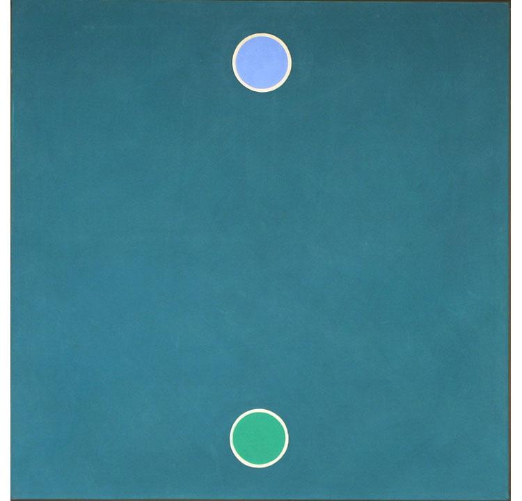 Thomas Downing, Pool Green painting with blue and green circles [link goes to collection database entry]